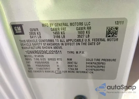 2012 Chevrolet Traverse 1Lt z USA, uszkodzony, nr VIN 1GNKRGED9CJ221511